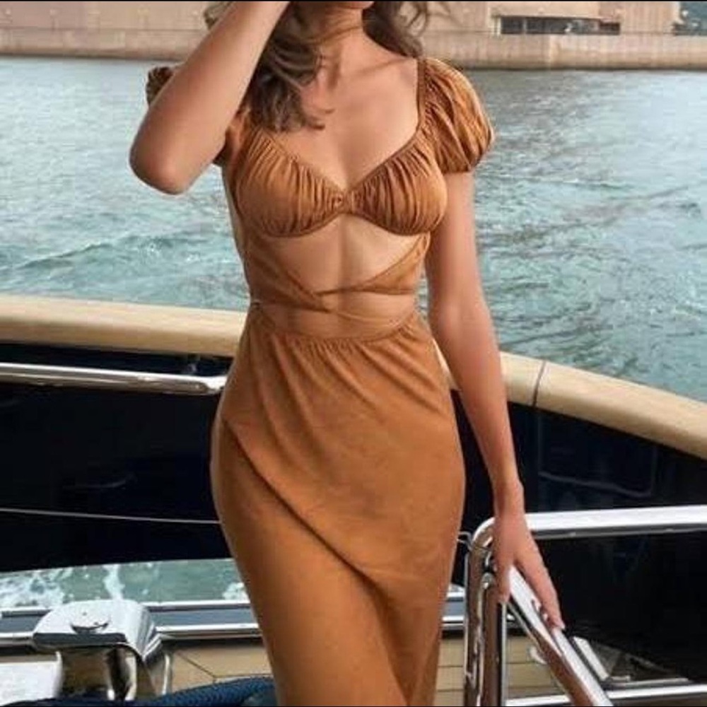 Chic Tan Midi Dress with Cutout Design